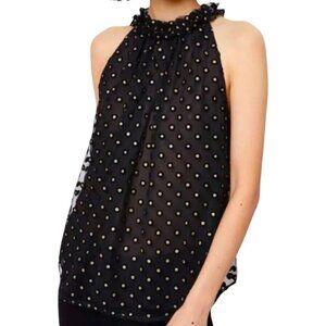 Black Halter Neck‎ Polka Dot Top Ruffle Coquette Flocking By Loft Women Small
